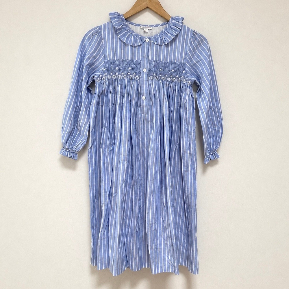 Lallie London Girls 12Y Blue Stripe Smocked Cotton Dress NWT Peter Pan Collar